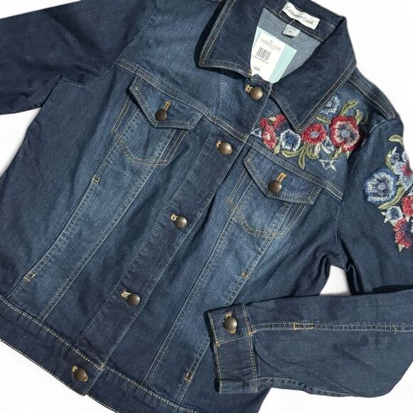 Coldwater Creek Dark Wash Denim Floral Jacket Women’s Jacket Small Petite - Picture 2 of 8
